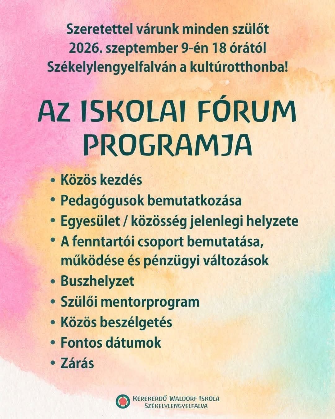 Iskolai Fórum plakát – 2026. szeptember 9., Székelylengyelfalva